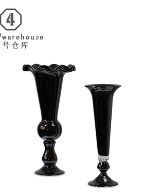 中古风法式复古纯手工制作黑色玻璃花瓶餐厅玄关电视柜软装饰摆件