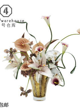 轻奢高级仿真红掌花艺样板间洽谈桌洗手台金箔琉璃花器软装摆件