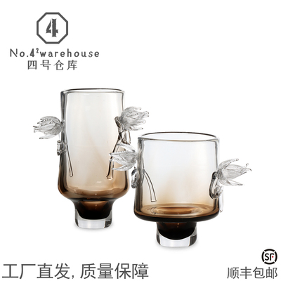 现代简约高级棕渐变大口花朵琉璃花瓶客餐厅样板间插花软装饰摆件