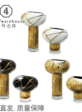 新中式轻奢黑白金箔彩绘斜口高脚琉璃花瓶样板间客餐厅软装饰摆件