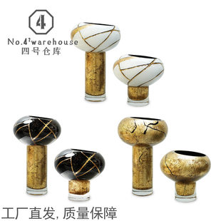 新中式轻奢黑白金箔彩绘斜口高脚琉璃花瓶样板间客餐厅软装饰摆件