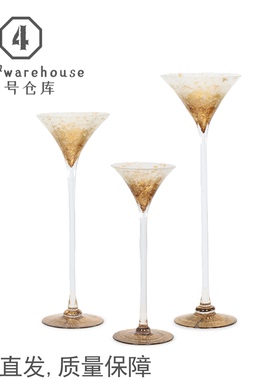 欧式金箔老钱风超高脚杯琉璃花器婚庆样板间桌面烛台软装饰品摆件