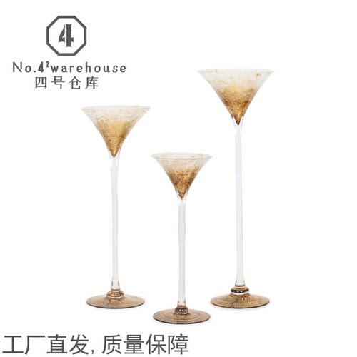 欧式金箔老钱风超高脚杯琉璃花器婚庆样板间桌面烛台软装饰品摆件
