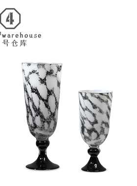 中古风黑白斑马纹黑色高脚大口手工琉璃花瓶酒店民宿展架玄关摆件