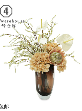 现代简约帝王花绣球雪柳仿真花艺软装摆件棕色气泡水晶底琉璃花器