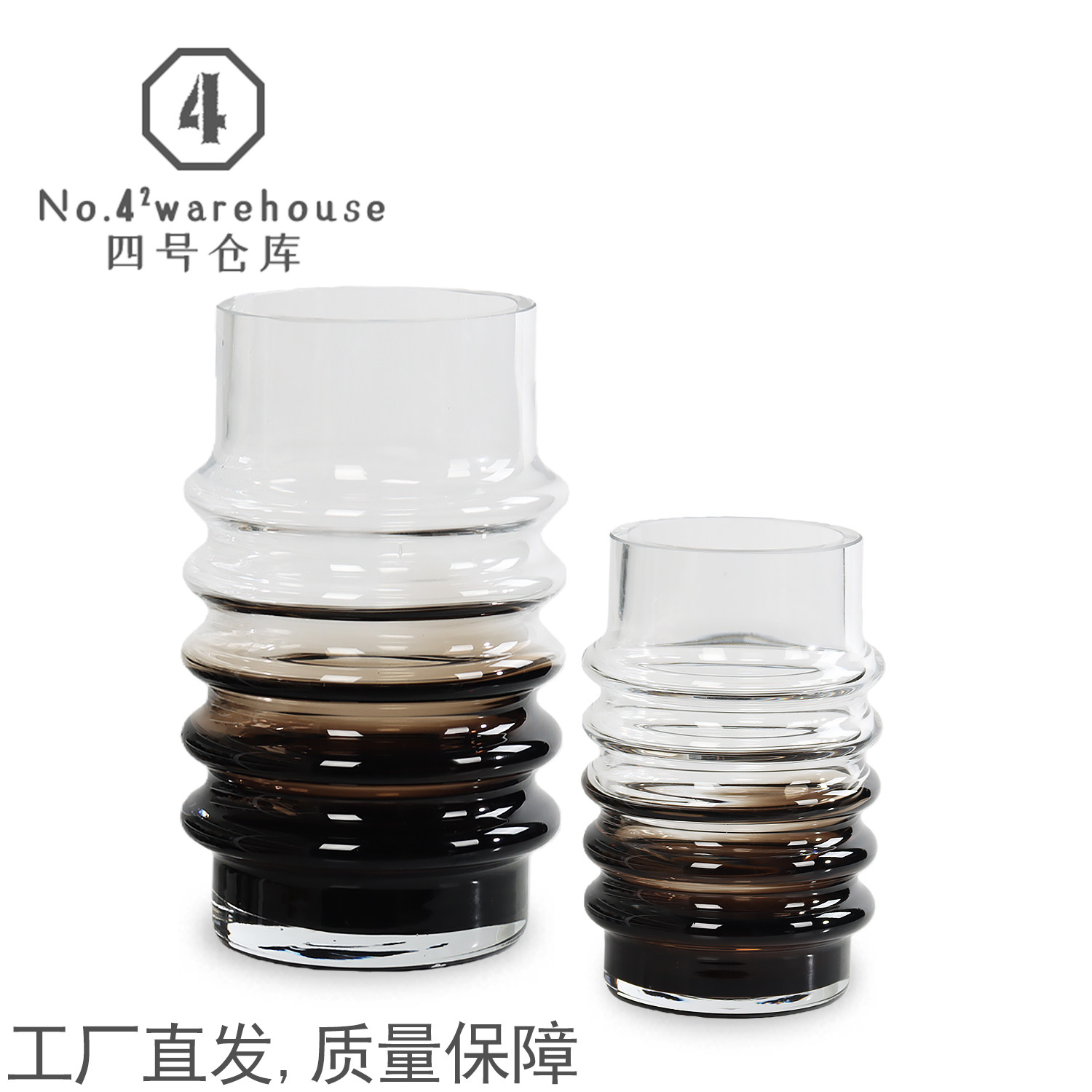 现代简约棕色渐变螺纹直筒琉璃花瓶样板间客餐厅玄关插花软装摆件