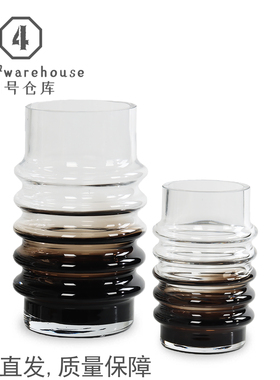 现代简约棕色渐变螺纹直筒琉璃花瓶样板间客餐厅玄关插花软装摆件