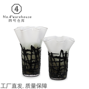 简约现代花瓣口黑网格手工琉璃花瓶样板间客餐厅玄关插花软装 摆件