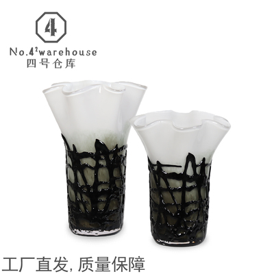 简约现代花瓣口黑网格手工琉璃花瓶样板间客餐厅玄关插花软装摆件