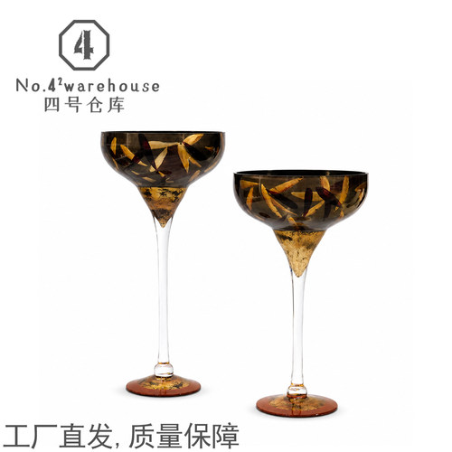 中古老钱风竹叶金箔高脚大口琉璃花器高端宴会样板间台面软装摆件