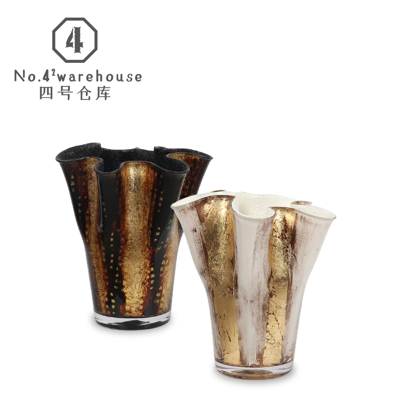 轻奢法式高级黑绿白金箔琉璃花器酒店客餐厅玄关桌面软装花瓶摆件