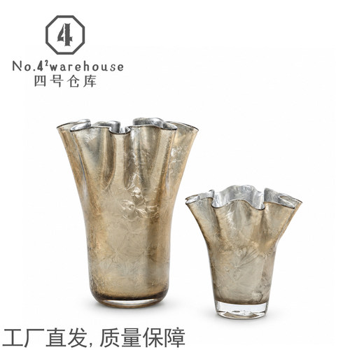 欧式轻奢香槟银箔花瓣口手工琉璃花器样板间别墅软装插花装饰摆件