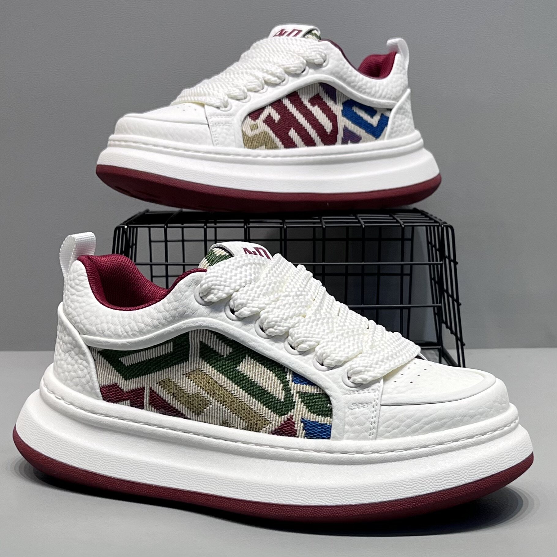 男鞋2026春季新款时尚潮牌刺绣印花厚底运动休闲鞋增高舒适鞋子男