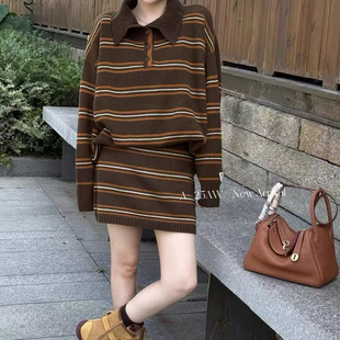 短裙套装 休闲条纹POLO领羊毛针织衫 女潮时尚 欧洲站2025秋冬新款