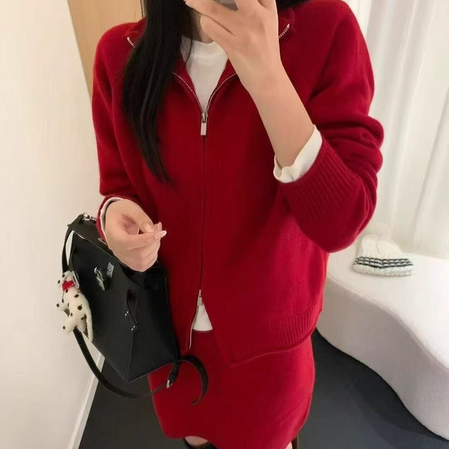 全羊毛拉链立领羊毛开衫+针织短裙红色套装女欧洲站2025秋冬新款