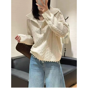 欧洲站2025秋冬新款 欧货女懒散风宽松流苏半拉链翻领套头羊毛毛衣