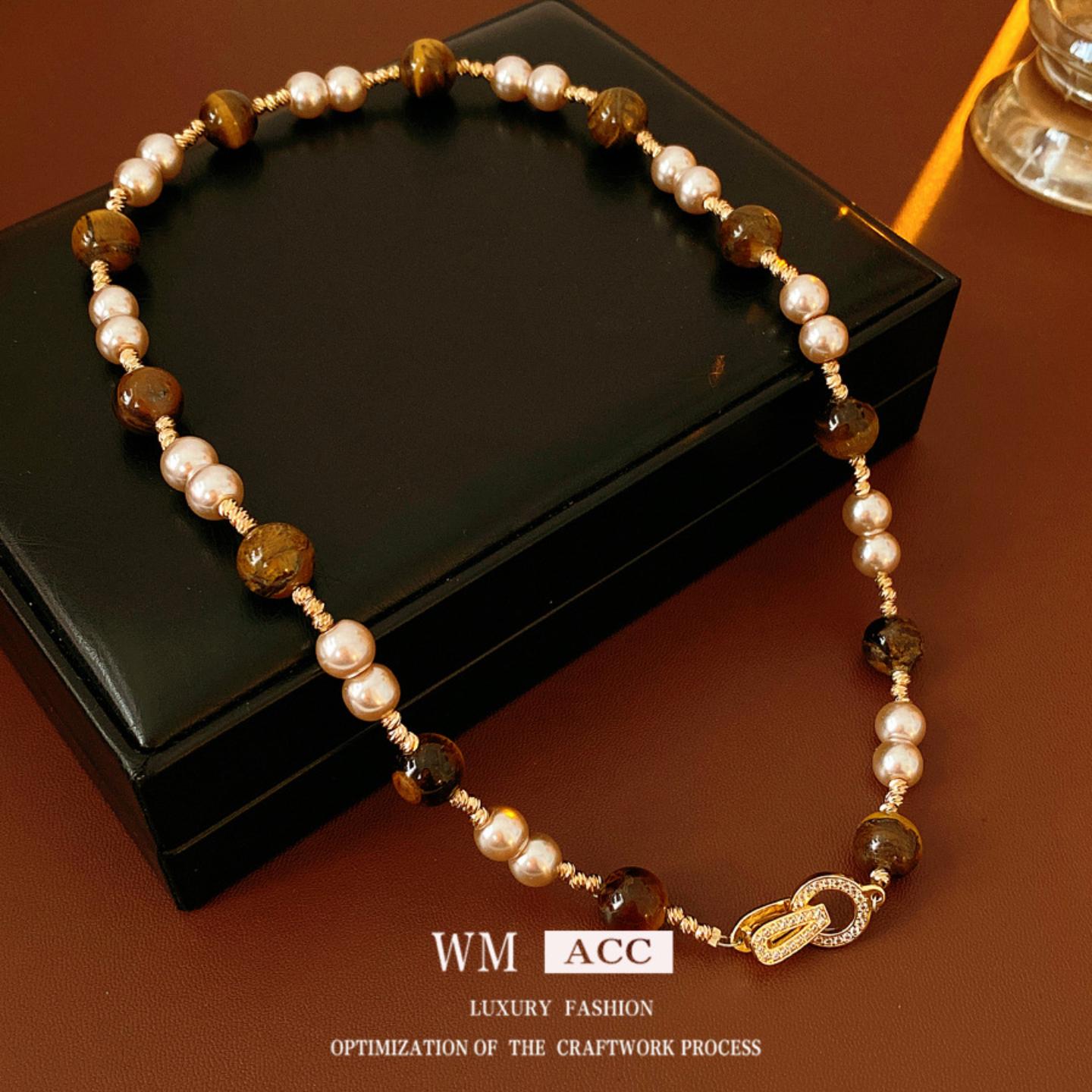 轻奢锆石虎眼石珍珠锁骨链