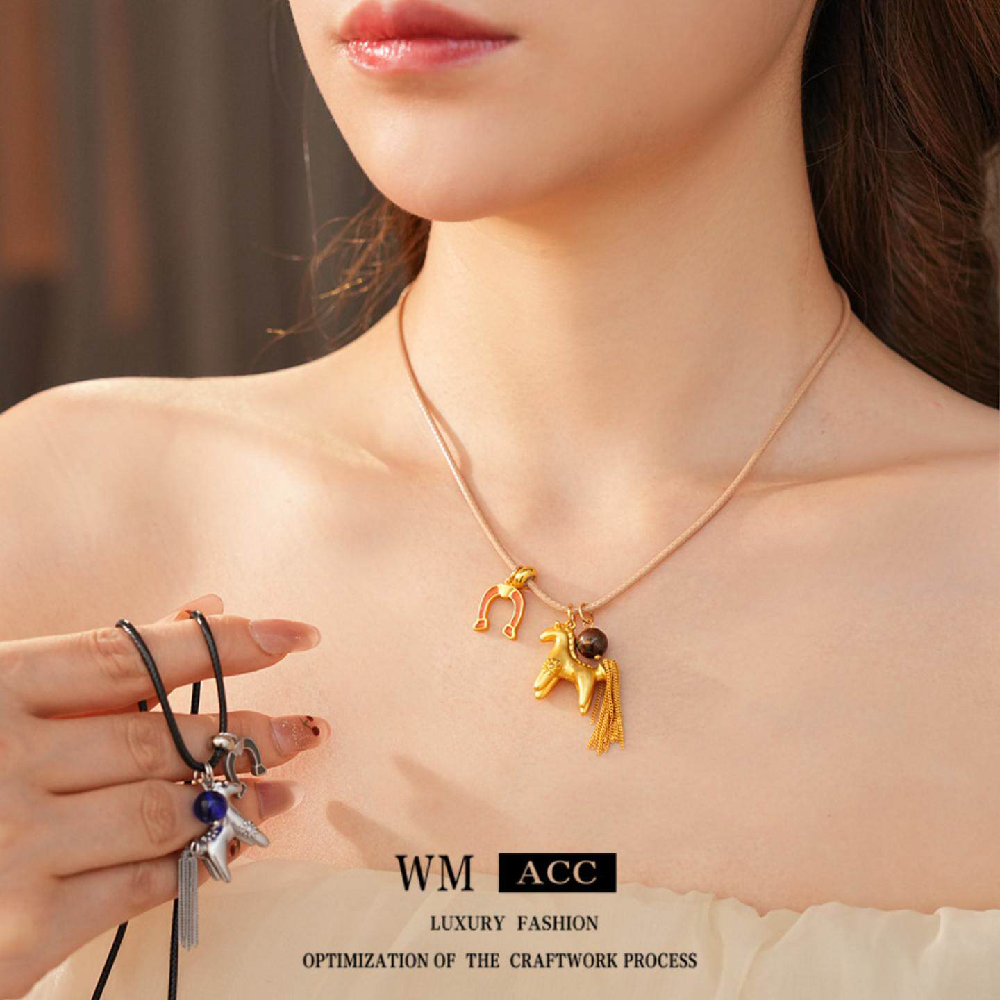 滴油石头小马项链吊坠长款时尚通勤休闲百搭毛衣链设计感小众饰品