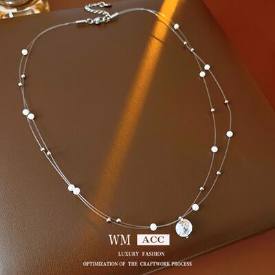 圆形锆石吊坠双层珍珠项链轻奢小众高级感锁骨链气质百搭饰品