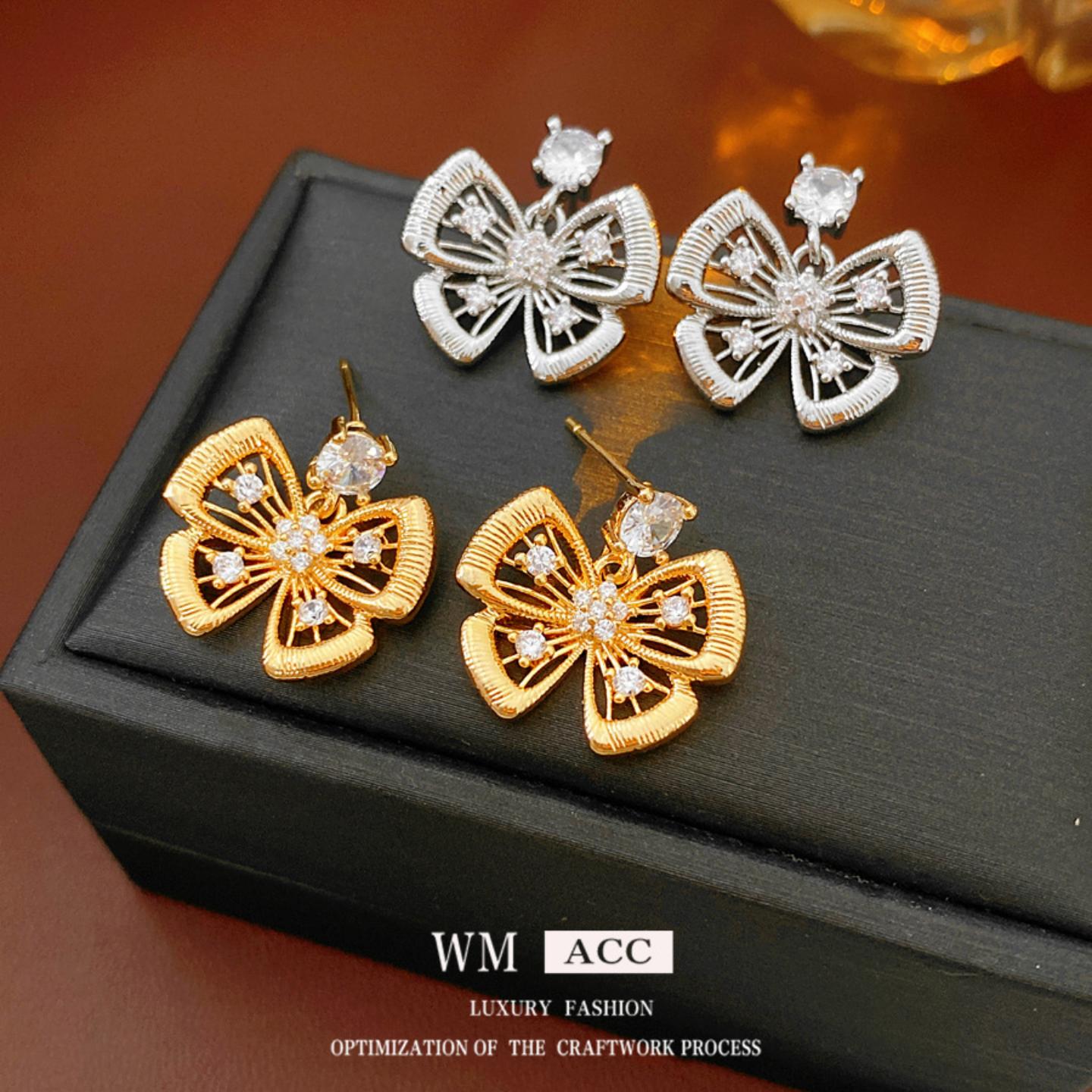 真金电镀银针蝴蝶锆石耳环轻奢高级感精致耳钉设计感小众耳饰