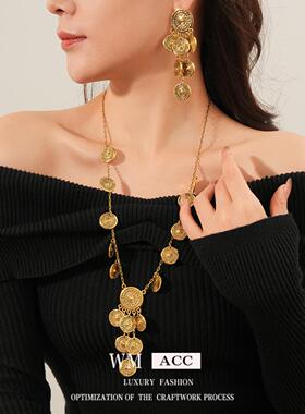 vintage圆形吊坠耳钉项链套装