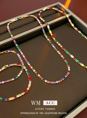 真金镀彩锆石锁骨链轻奢套装