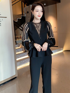 子两件套装 清仓特价 荷叶摆上衣微喇叭显瘦裤 欧货名媛灯笼袖 女 断码