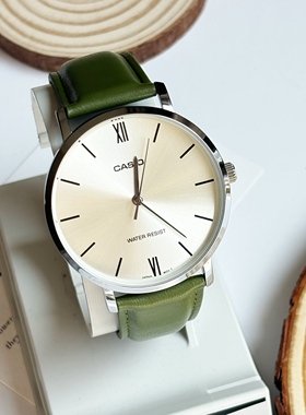 卡西欧CASIO指针时尚简约腕表商务休闲绿色皮带男表MTP-VT01L-3B