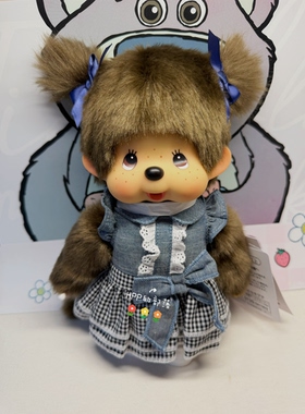 蒙奇奇 monchhichi 日本正版 牛仔格子连衣裙M号羊角辫公仔女生
