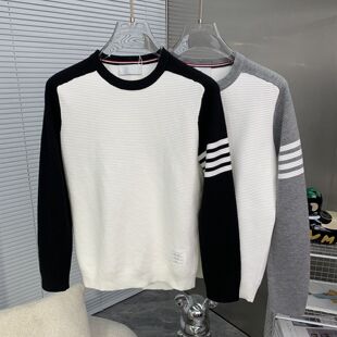 秋冬季潮牌四条杆毛衣男女时尚长袖圆毛线衣休闲百搭打底针织衫