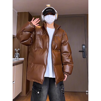 黑色皮面钢印棉服男款冬季厚棉衣