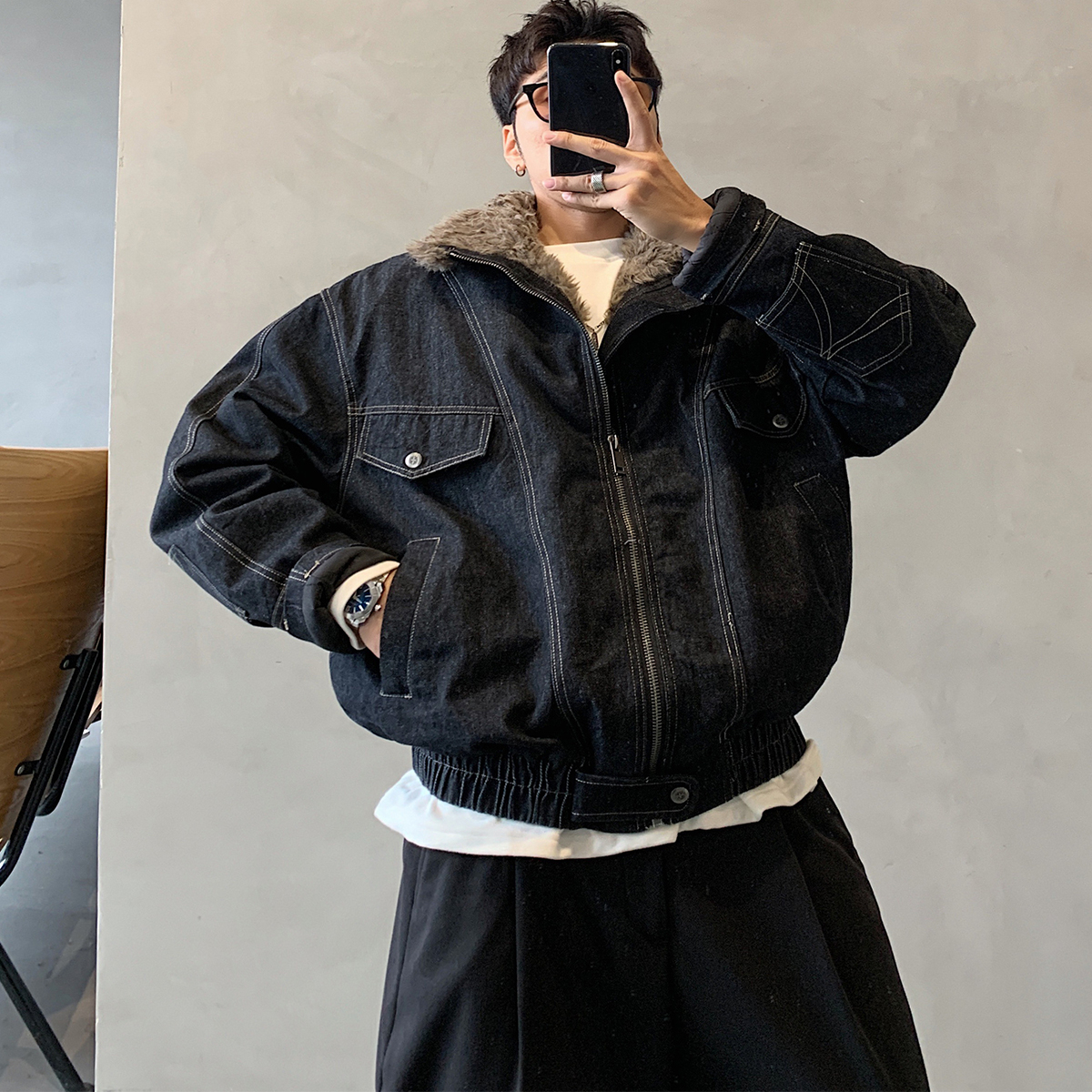 棉服男生牛仔棉衣羊羔绒保暖