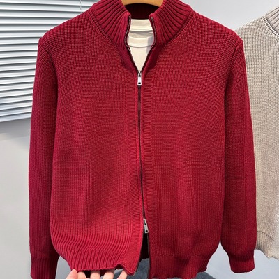 男士半高领开衫毛衣外套针织衫男款修身韩版潮牌秋冬季复古毛线衫