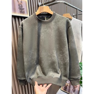 橄榄绿脏脏重磅圆领卫衣男2025秋季新款高级感痞帅休闲套头上衣服