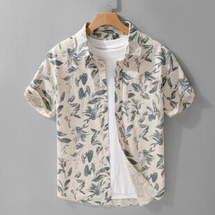 休闲短袖 潮流衬衫 夏季 棉麻新款 百搭透气衬衣亚麻 印花男士 高级时尚
