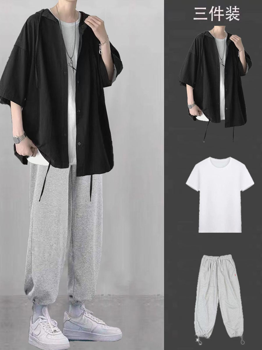 남성용 여름 반팔 셔츠 정장 대전차 7부소매 셔츠 재킷 남성용 세트 스포츠 쓰리피스 트렌디 슈트