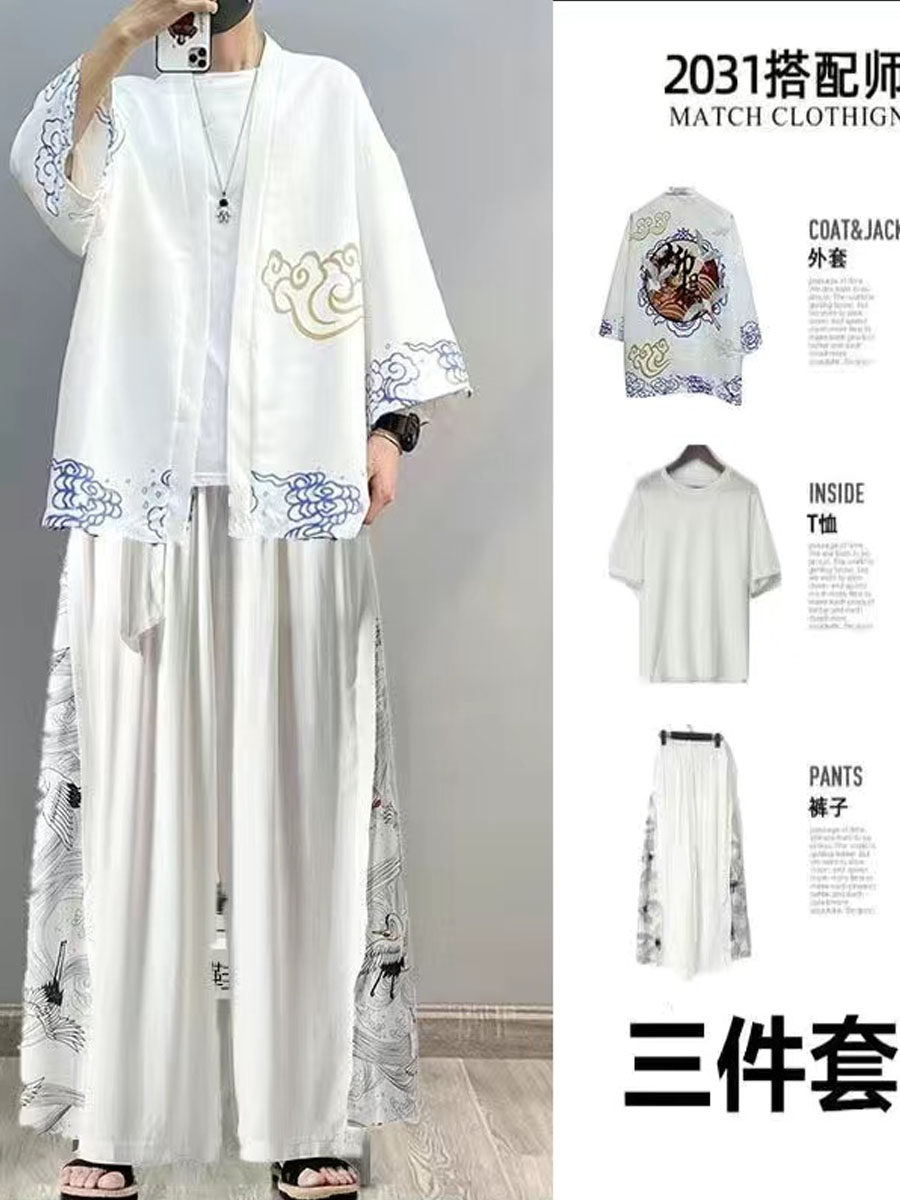 남성용 세 조각 도교 가운 중국식 얼음 실크 양복 유행 개선 한복 여름 당나라 양복 고대 스타일 인터넷 유명인 의상