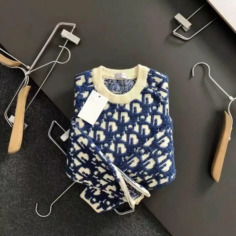 网红提花针织衫毛巾绣CD长袖毛衣圆领针织宽松欧洲站秋冬新款男士