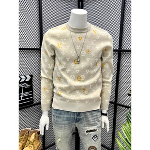 潮流针织衫 秋冬季 2025新款 痞帅提花毛衣男潮牌青年内搭线衣打底衫