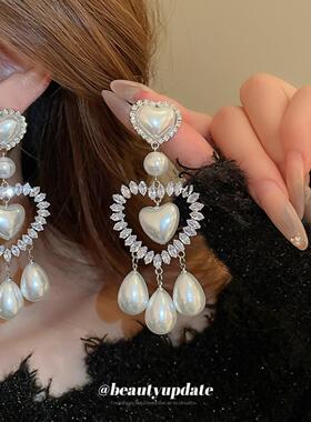 银针人造珍珠款满钻爱心水滴耳环精致唯美耳坠公主风气质甜美耳饰