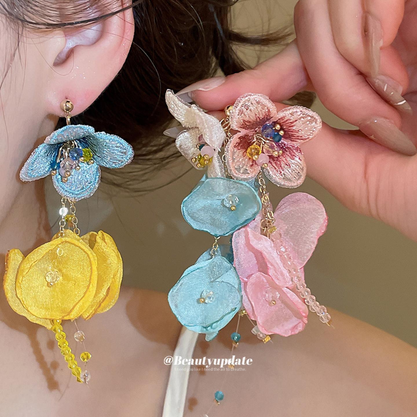 银针雪纺花朵水晶流苏耳环｜清新