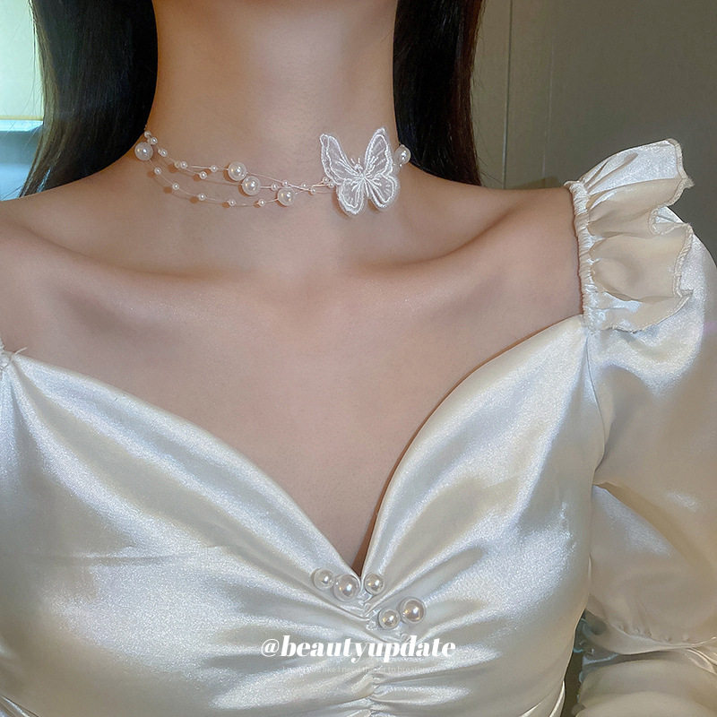 珍珠欧根纱蝴蝶项链韩国时尚个性设计感颈链小清新简约自然风项饰