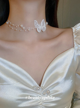 珍珠欧根纱蝴蝶项链韩国时尚个性设计感颈链小清新简约自然风项饰