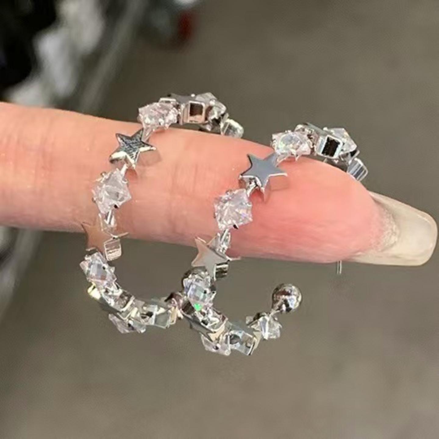 银针超闪锆石星星几何C形耳钉女