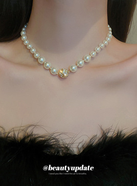 法式复古珍珠小圆球镶钻项链时尚小众设计感颈链锁骨链夸张项饰女