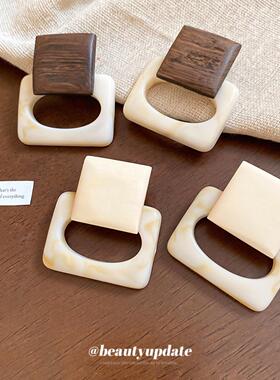 银针复古木头亚克力方形耳环度假风百搭耳钉时尚耳饰设计感小众女