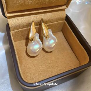 18K厚金电镀银针不规则耳环法式巴洛克珍珠耳坠轻奢高级感耳饰女