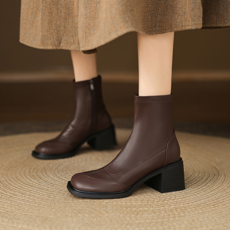 6cm粗跟短筒靴秋冬款棕色短靴女