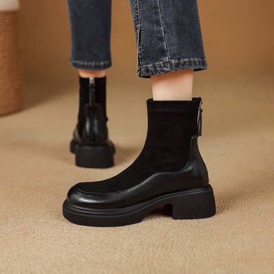 5cm黑色厚底切尔西短靴百搭女靴