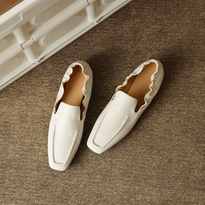 头层牛皮休闲风方头乐福鞋女米白色一脚蹬软底豆豆鞋懒人鞋老钱风,女鞋,乐福鞋（豆豆鞋）,淘宝优惠券,粉丝福利购,淘宝优惠卷